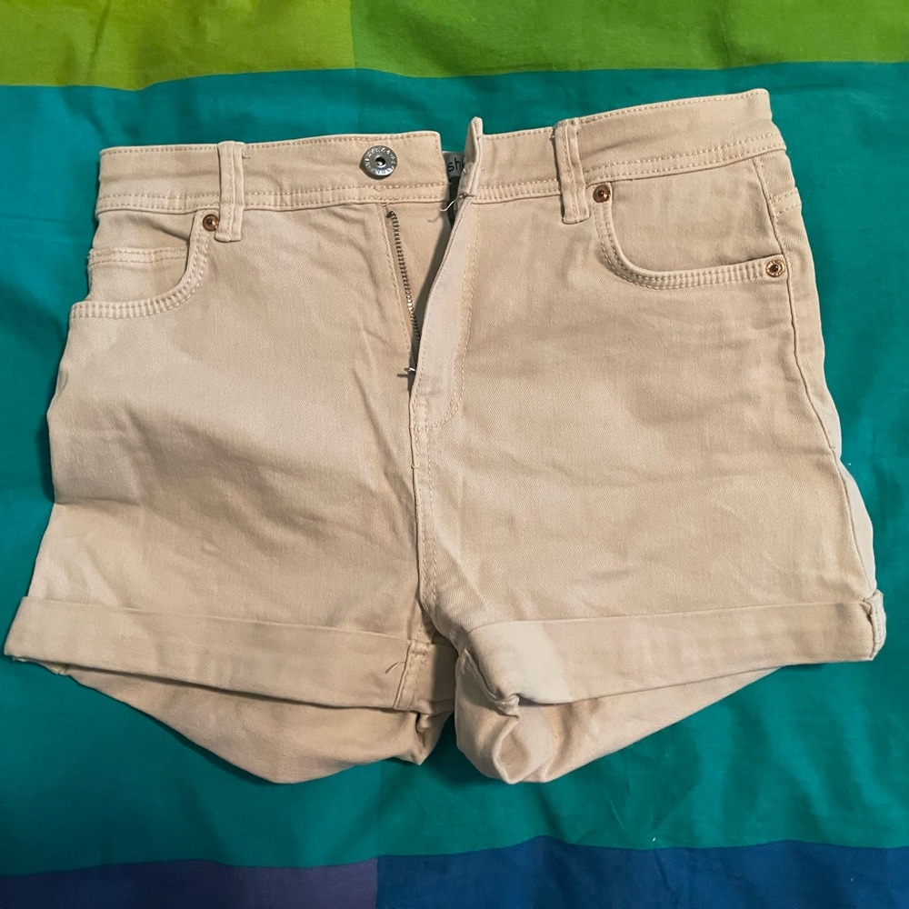 Bershka Tan Jean Shorts Mid-Thigh Cuffed